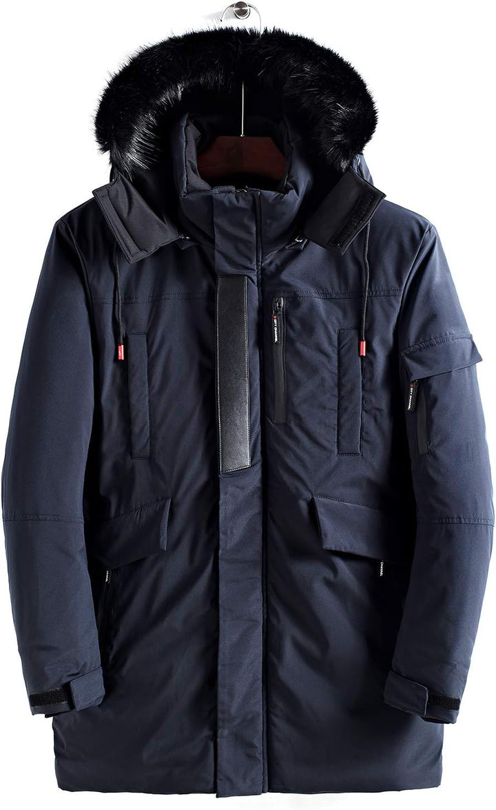 Mens Mid-Length Parka with Faux Fur Hood Winter Coat