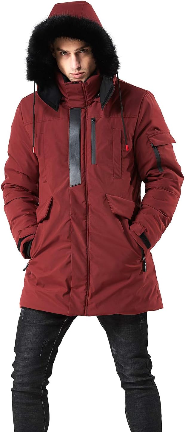 Mens Mid-Length Parka with Faux Fur Hood Winter Coat