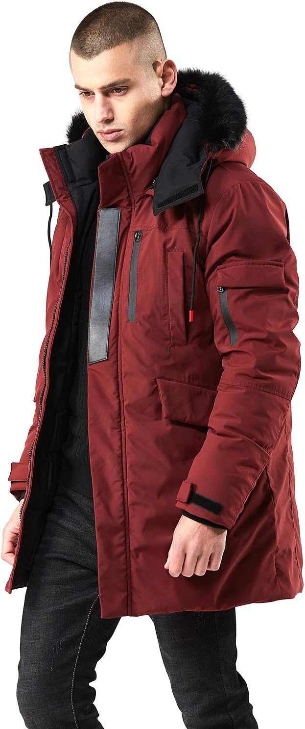Mens Mid-Length Parka with Faux Fur Hood Winter Coat
