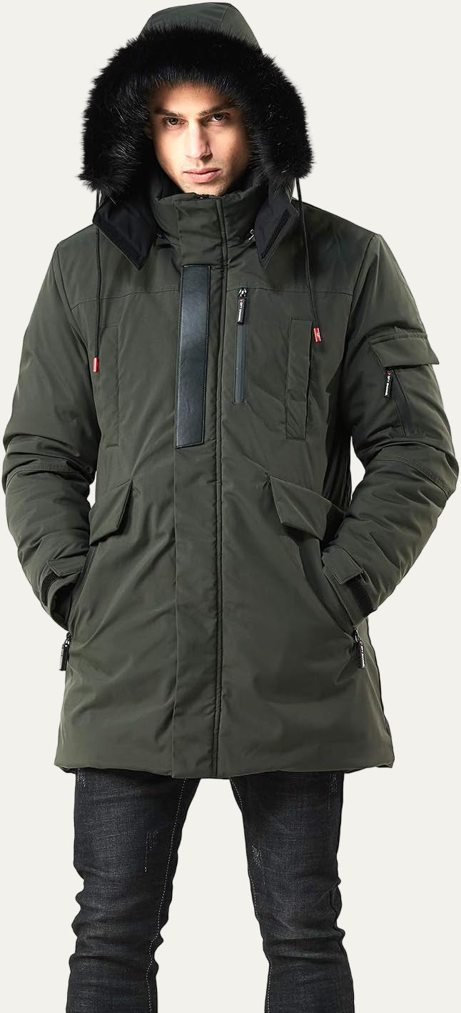 Mens Mid-Length Parka with Faux Fur Hood Winter Coat