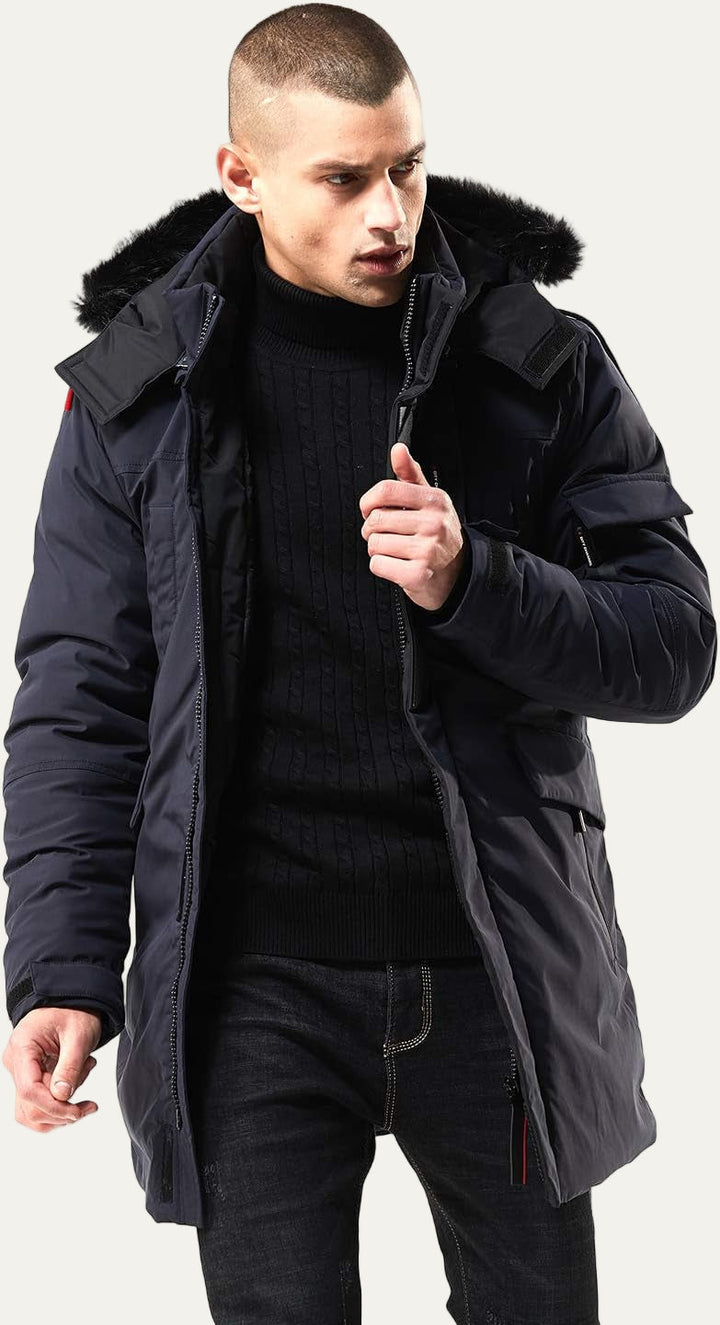 Mens Mid-Length Parka with Faux Fur Hood Winter Coat