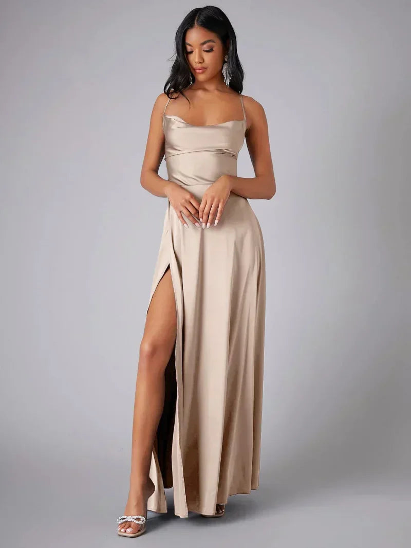 Womens Maxi Dress Spaghetti Straps High Slit - BritishMode