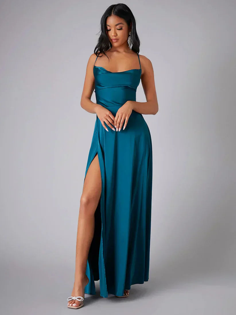 Womens Maxi Dress Spaghetti Straps High Slit