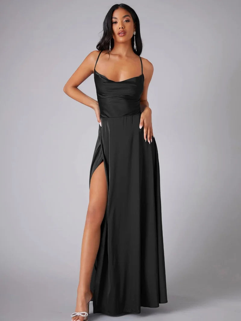 Womens Maxi Dress Spaghetti Straps High Slit