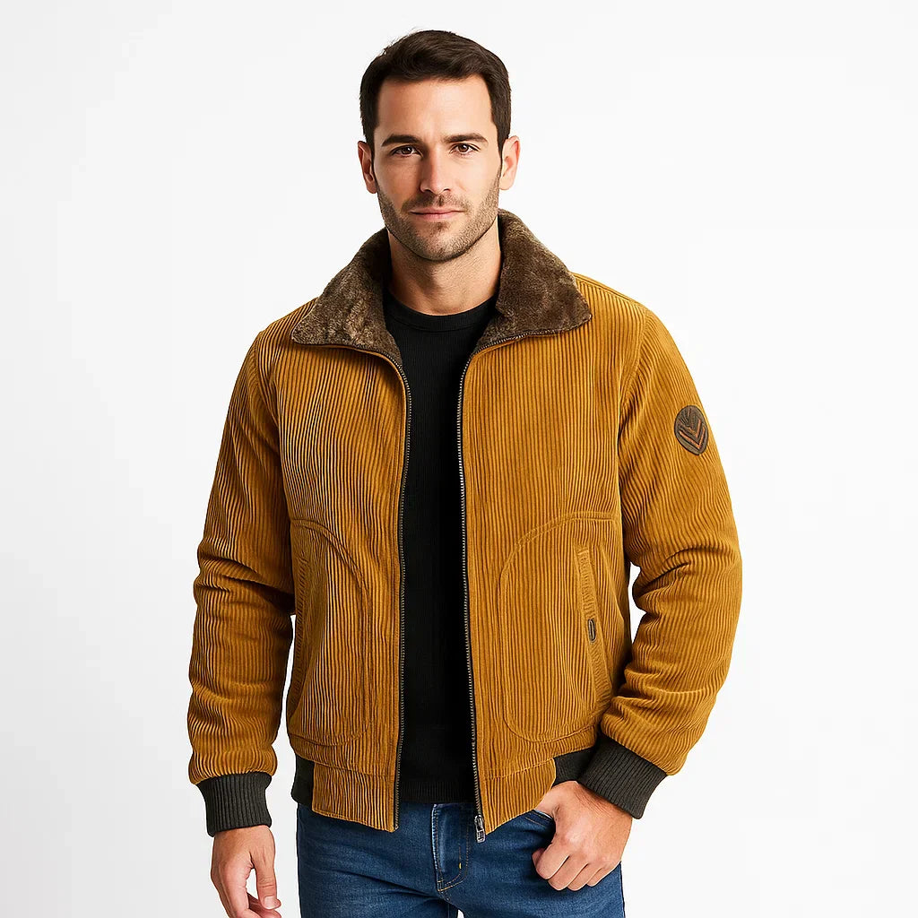 Mens Corduroy Bomber Jacket with Fur Collar Winter Style - BritishMode