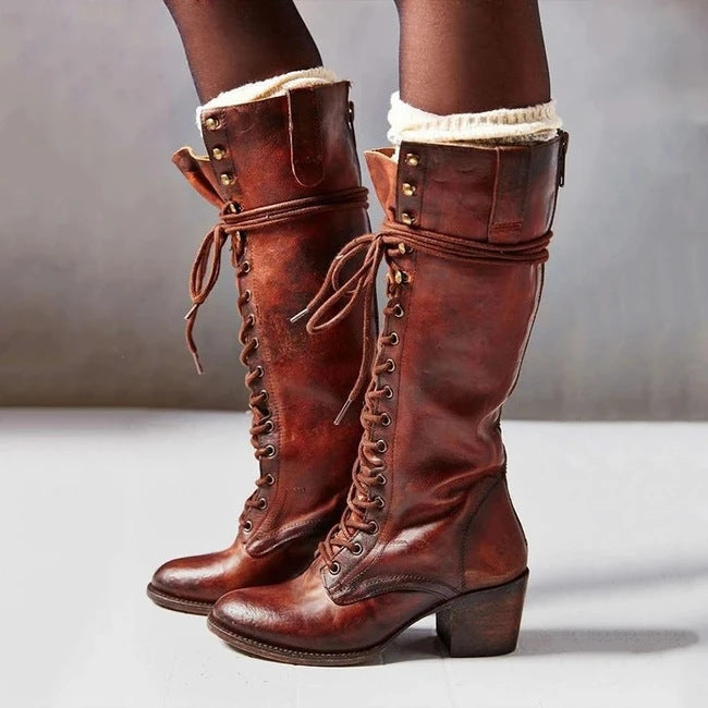 Womens Knee High Leather Boots Lace-Up Side Zip Block Heel - BritishMode