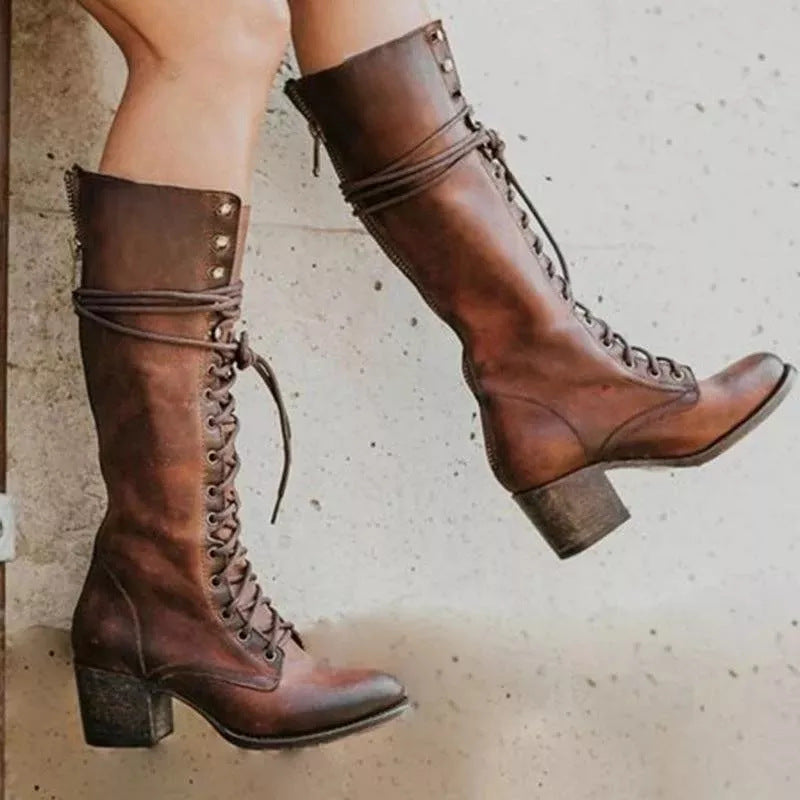 Womens Knee High Leather Boots Lace-Up Side Zip Block Heel