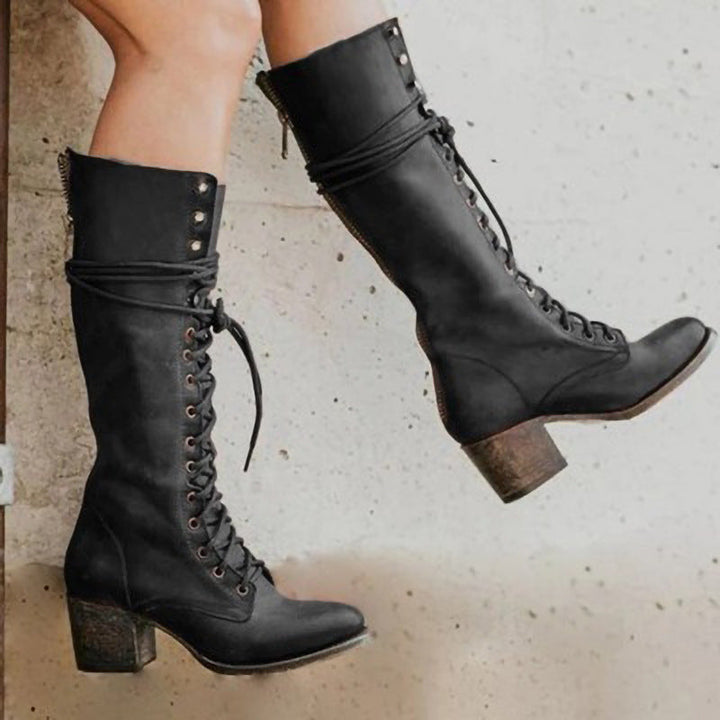 Womens Knee High Leather Boots Lace-Up Side Zip Block Heel