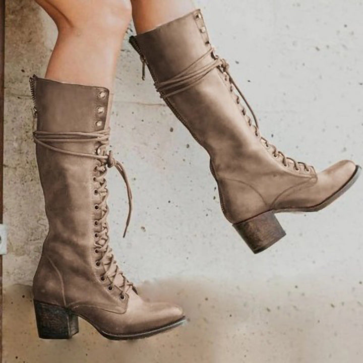 Womens Knee High Leather Boots Lace-Up Side Zip Block Heel