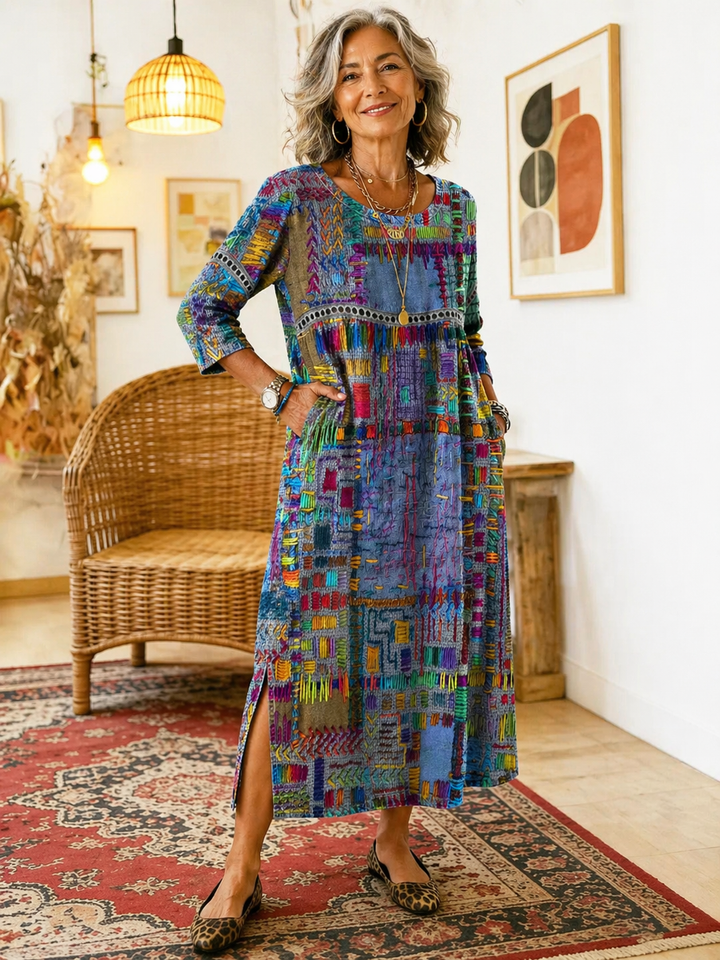 Womens Maxi Dress Patchwork Print Relaxed Fit with Pockets - BritishMode