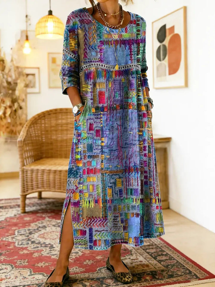 Womens Maxi Dress Patchwork Print Relaxed Fit with Pockets