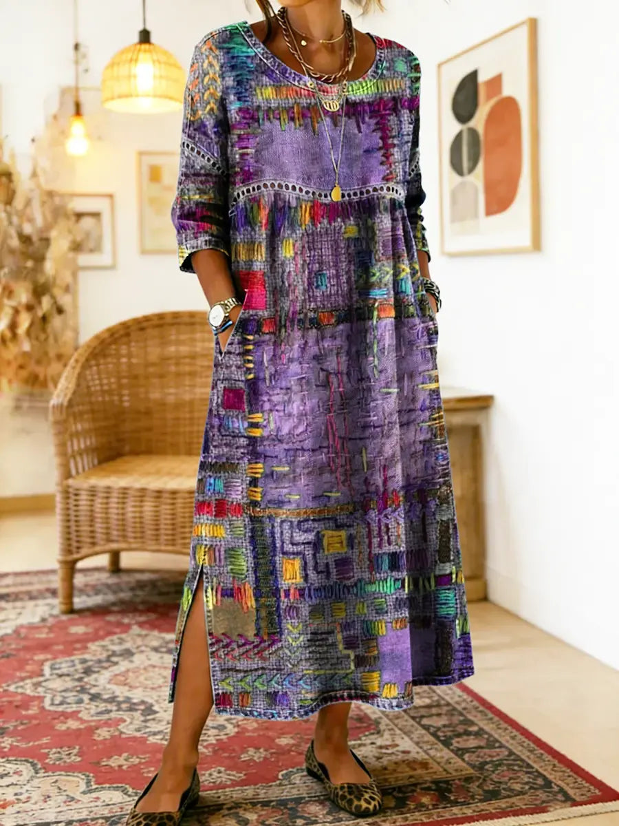 Womens Maxi Dress Patchwork Print Relaxed Fit with Pockets