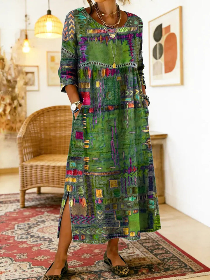 Womens Maxi Dress Patchwork Print Relaxed Fit with Pockets