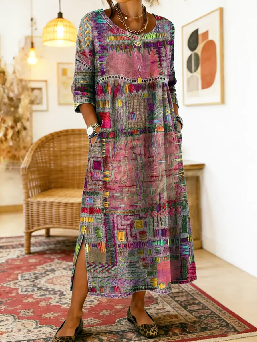 Womens Maxi Dress Patchwork Print Relaxed Fit with Pockets