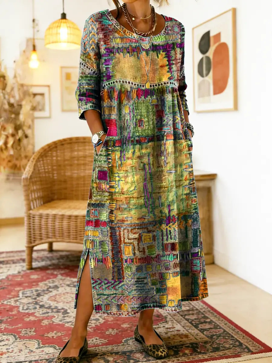 Womens Maxi Dress Patchwork Print Relaxed Fit with Pockets