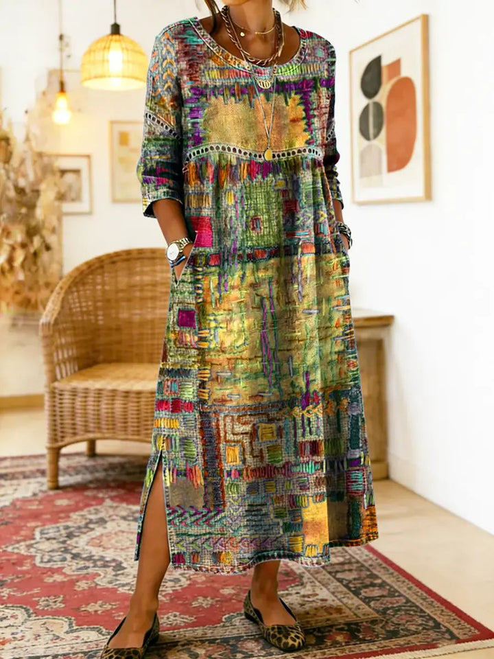 Womens Maxi Dress Patchwork Print Relaxed Fit with Pockets