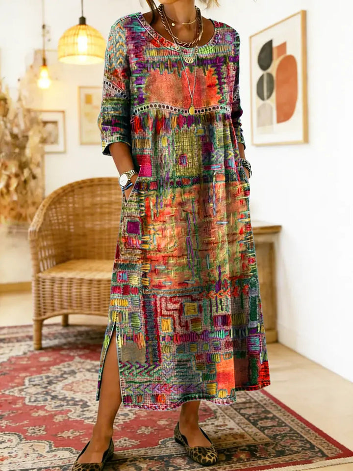 Womens Maxi Dress Patchwork Print Relaxed Fit with Pockets
