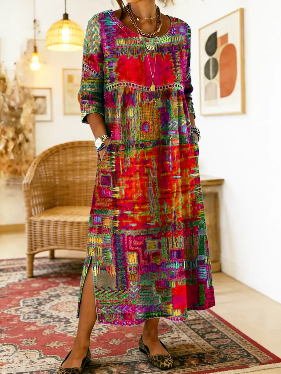 Womens Maxi Dress Patchwork Print Relaxed Fit with Pockets