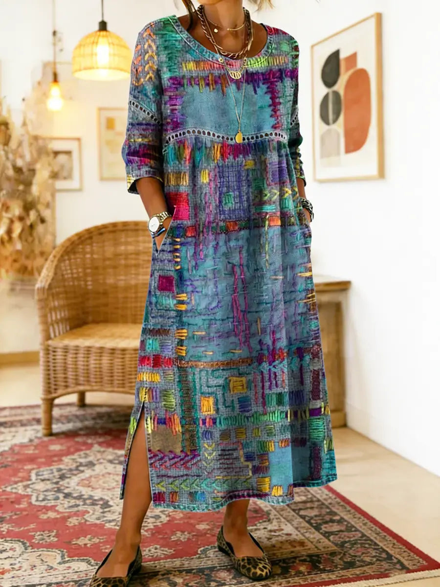 Womens Maxi Dress Patchwork Print Relaxed Fit with Pockets