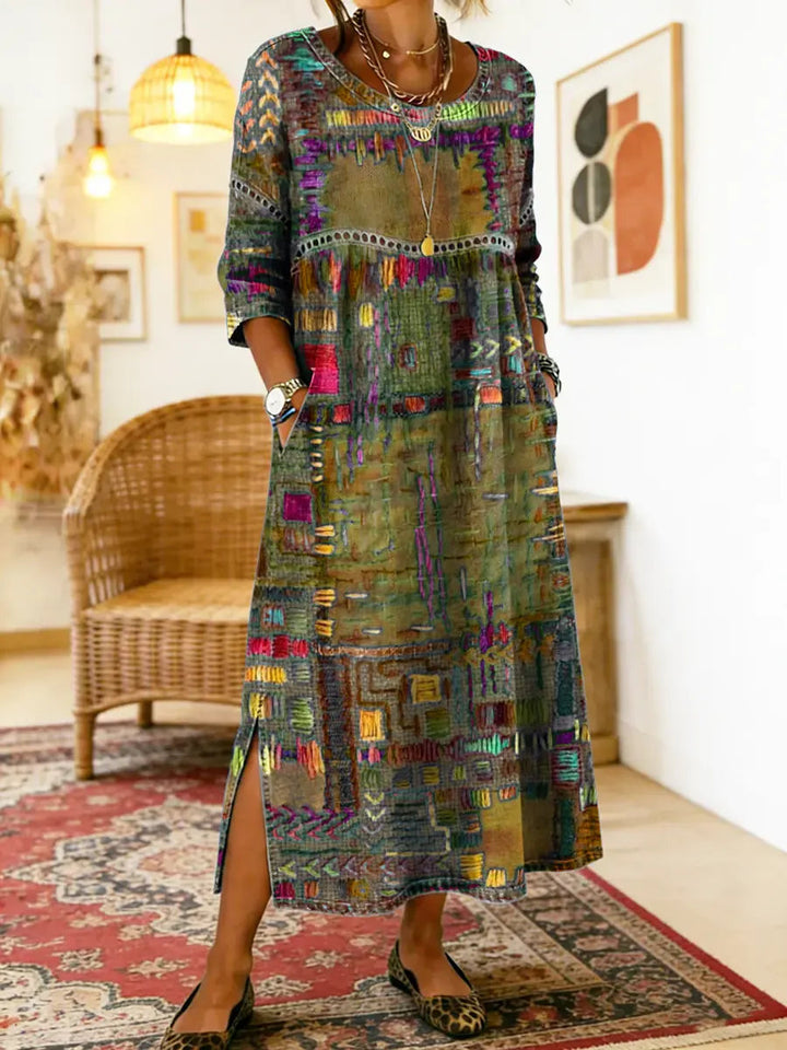 Womens Maxi Dress Patchwork Print Relaxed Fit with Pockets