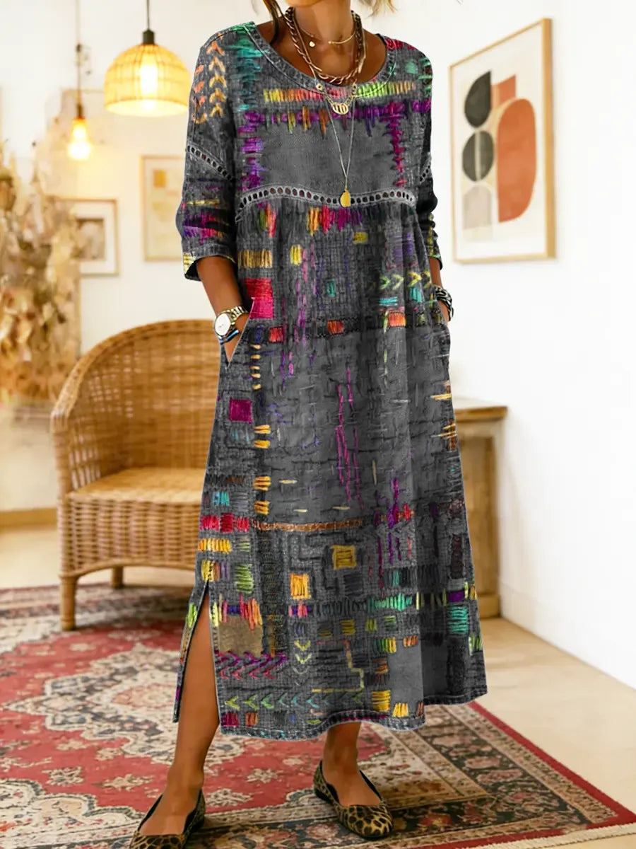 Womens Maxi Dress Patchwork Print Relaxed Fit with Pockets