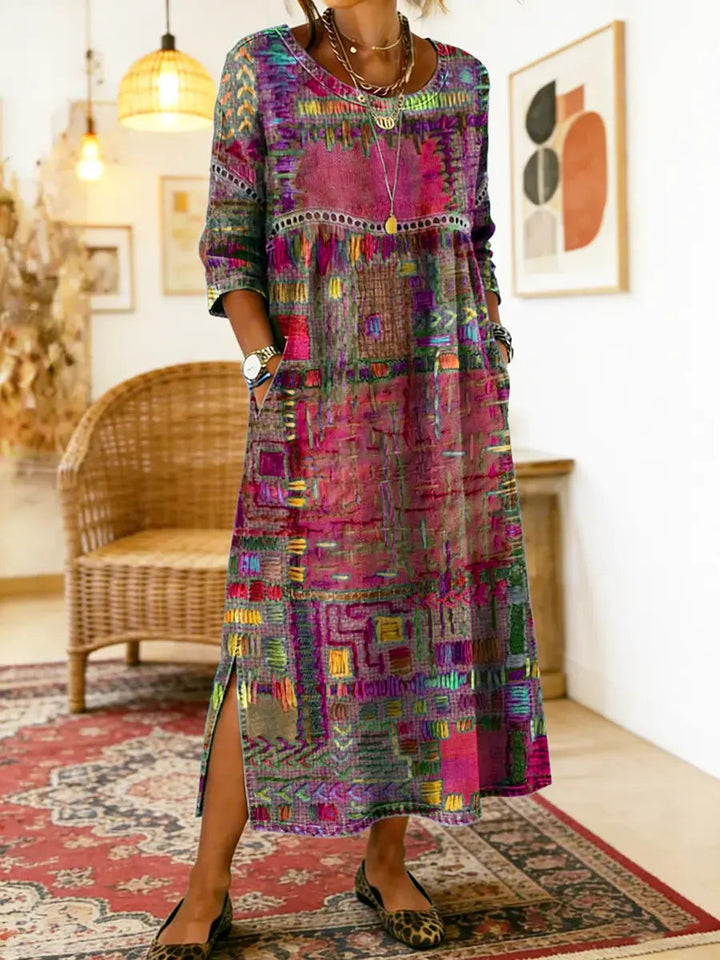 Womens Maxi Dress Patchwork Print Relaxed Fit with Pockets