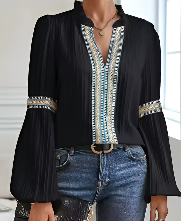 Womens V-Neck Ribbed Knit Blouse Folk Trim