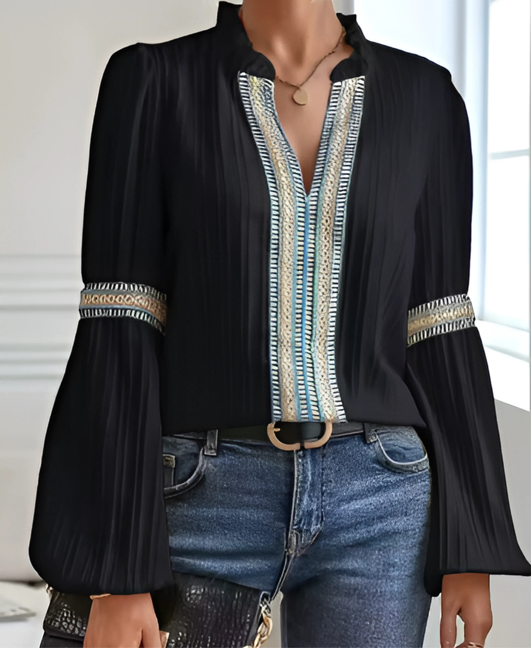 Womens V-Neck Ribbed Knit Blouse Folk Trim