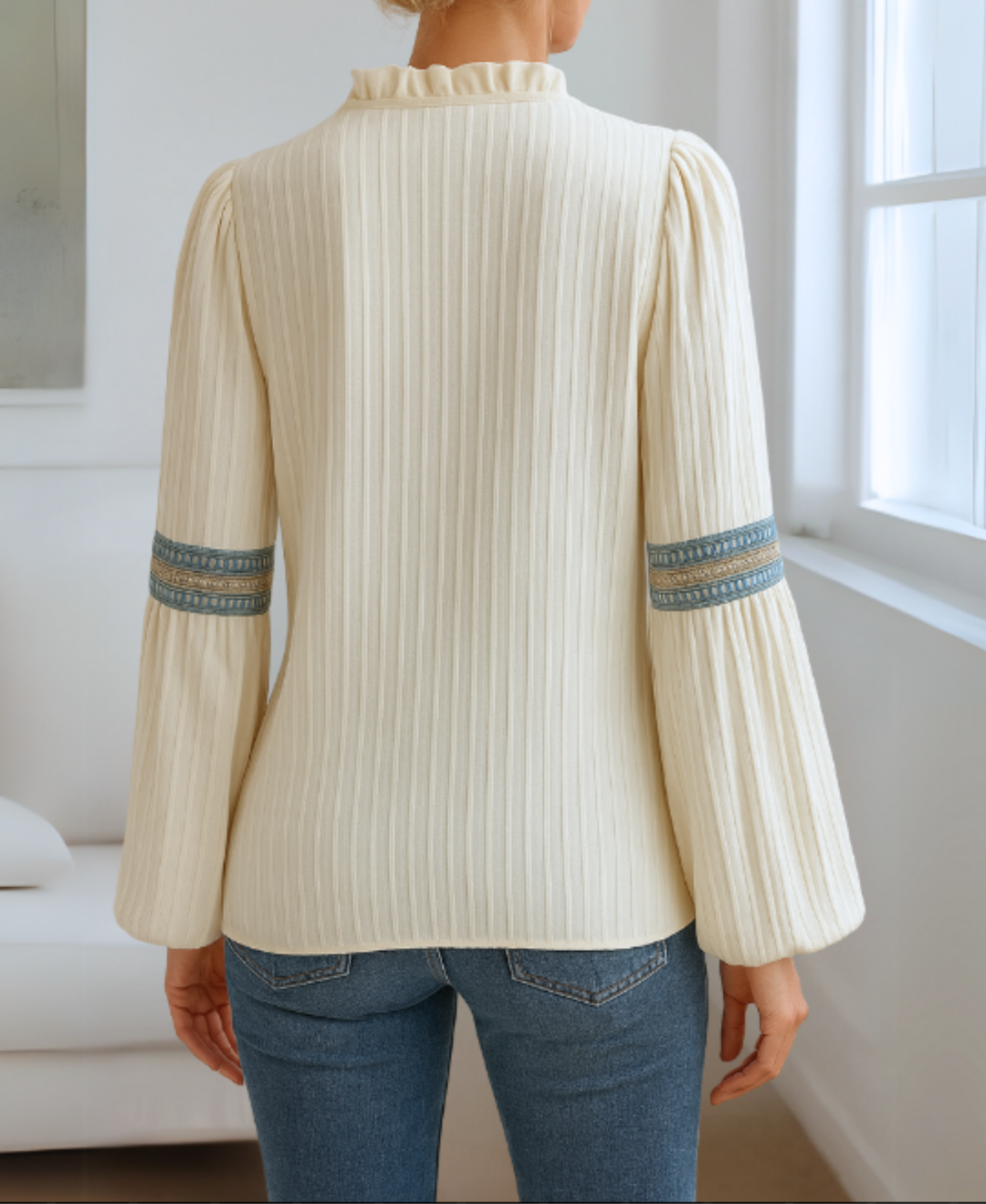 Womens V-Neck Ribbed Knit Blouse Folk Trim