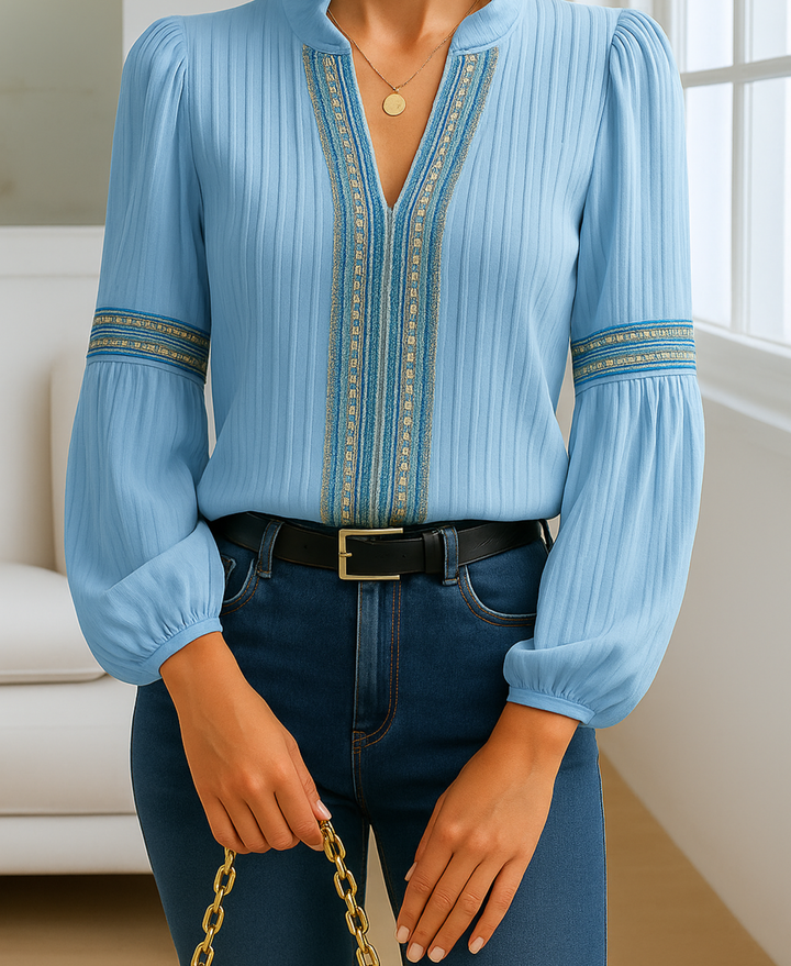 Womens V-Neck Ribbed Knit Blouse Folk Trim