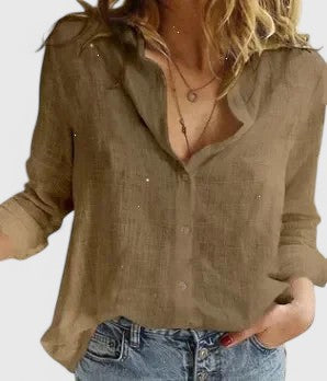 Womens Linen V-Neck Blouse with Buttons