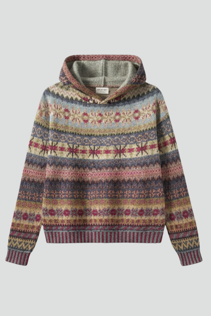 Womens Fair Isle Knit Hoodie with Hood and Ribbed Cuffs - BritishMode