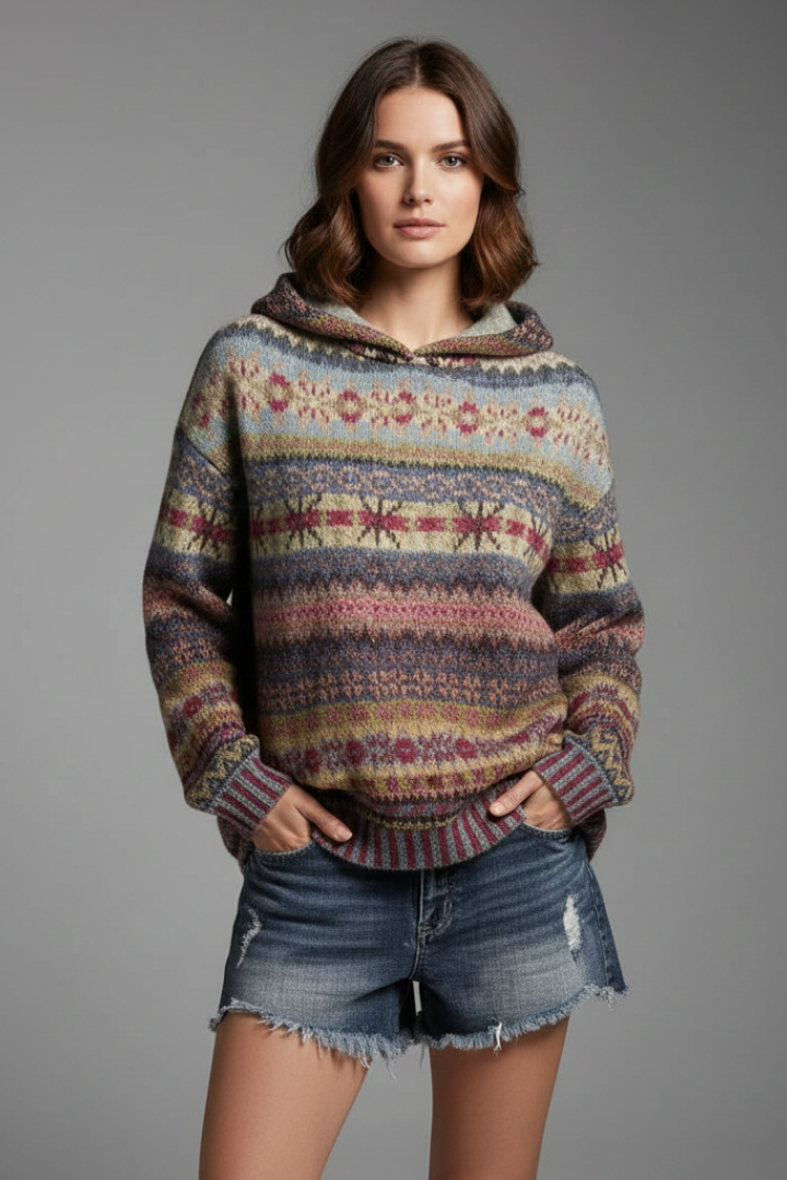 Womens Fair Isle Knit Hoodie with Hood and Ribbed Cuffs