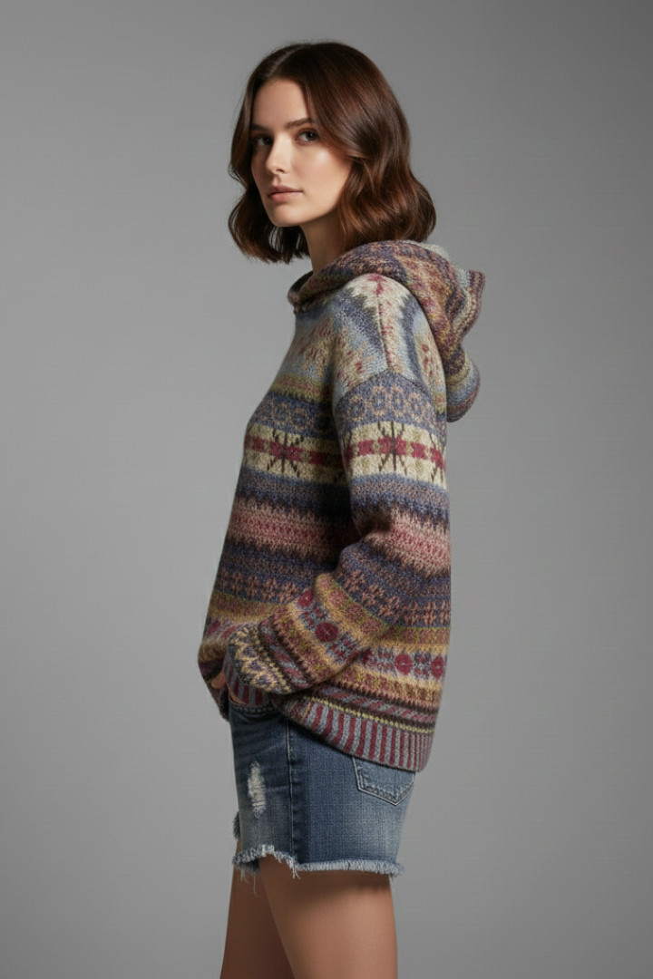 Womens Fair Isle Knit Hoodie with Hood and Ribbed Cuffs