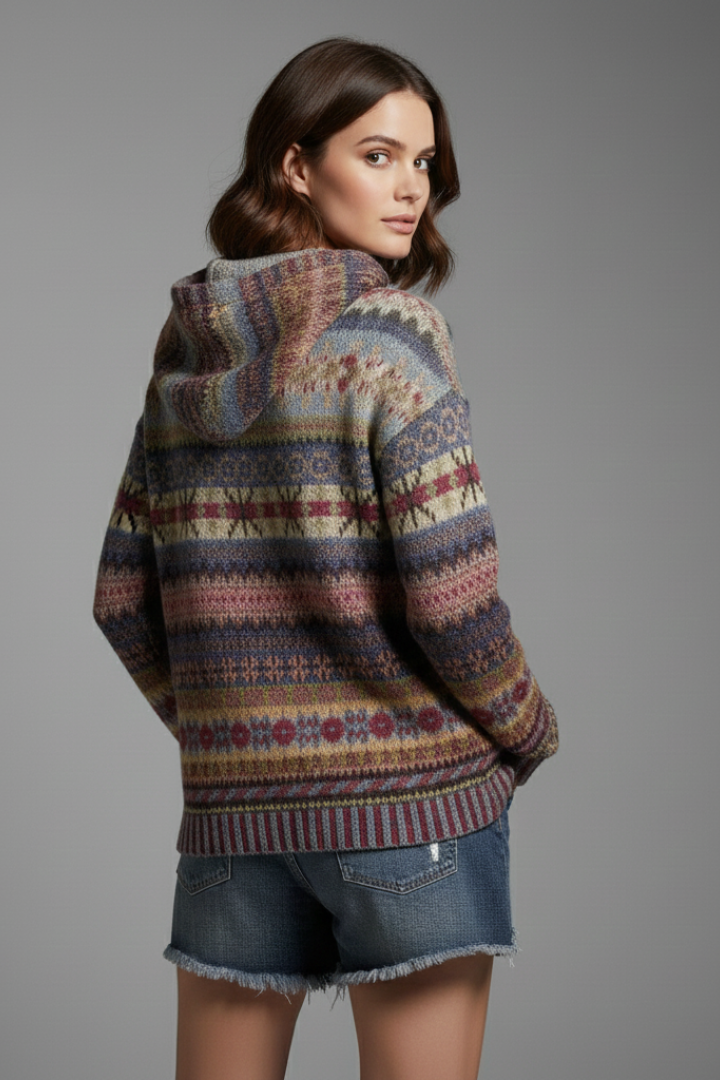 Womens Fair Isle Knit Hoodie with Hood and Ribbed Cuffs