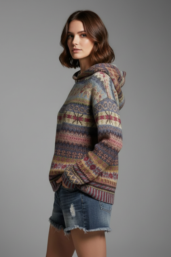 Womens Fair Isle Knit Hoodie with Hood and Ribbed Cuffs