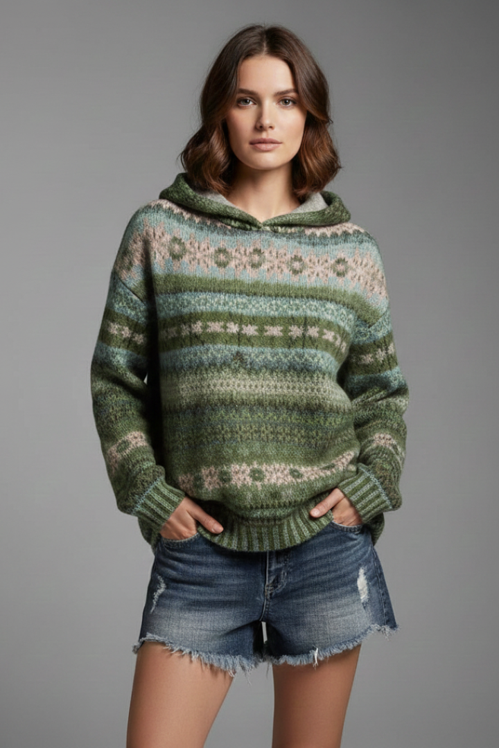 Womens Fair Isle Knit Hoodie with Hood and Ribbed Cuffs