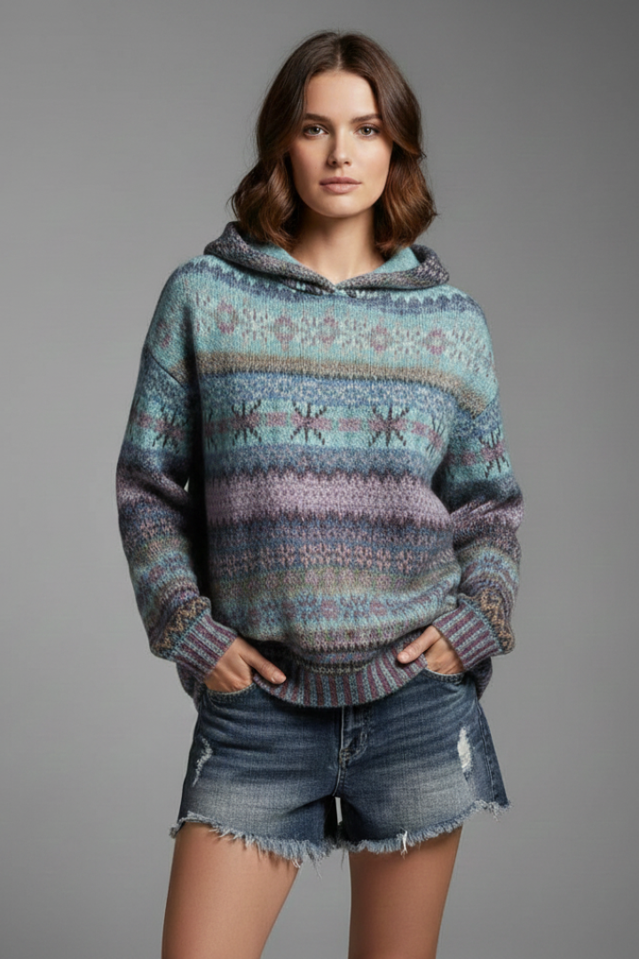 Womens Fair Isle Knit Hoodie with Hood and Ribbed Cuffs