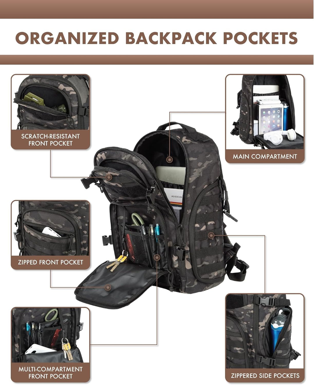 Unisex Tactical Backpack with Molle System and Laptop Compartment 35L