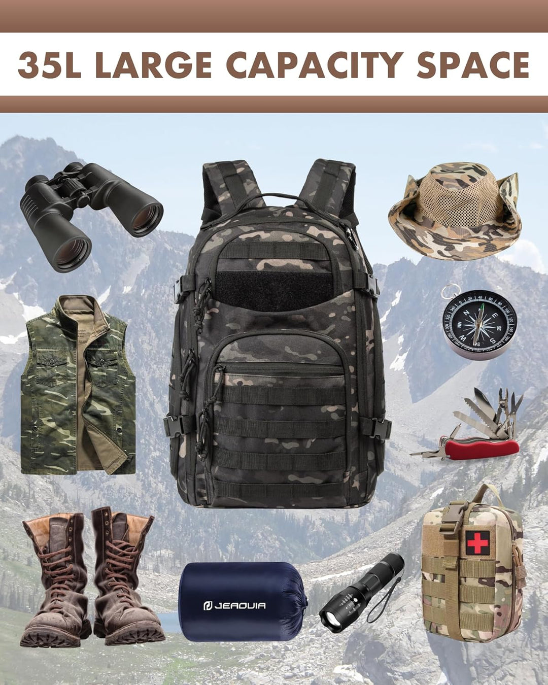Unisex Tactical Backpack with Molle System and Laptop Compartment 35L