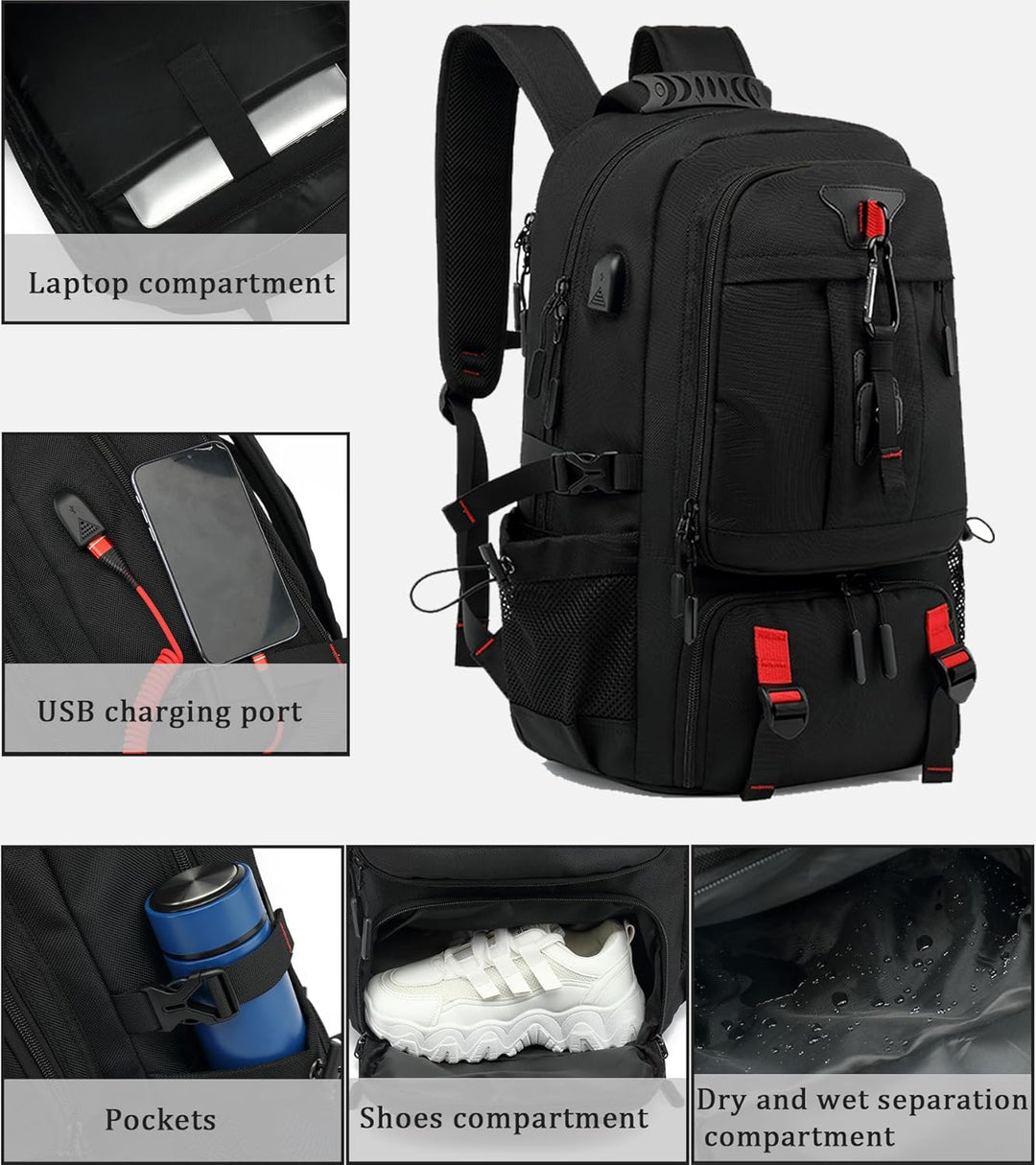 Unisex Waterproof Travel Backpack with USB Port and Shoe Compartment