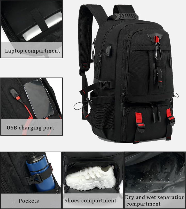 Unisex Waterproof Travel Backpack with USB Port and Shoe Compartment