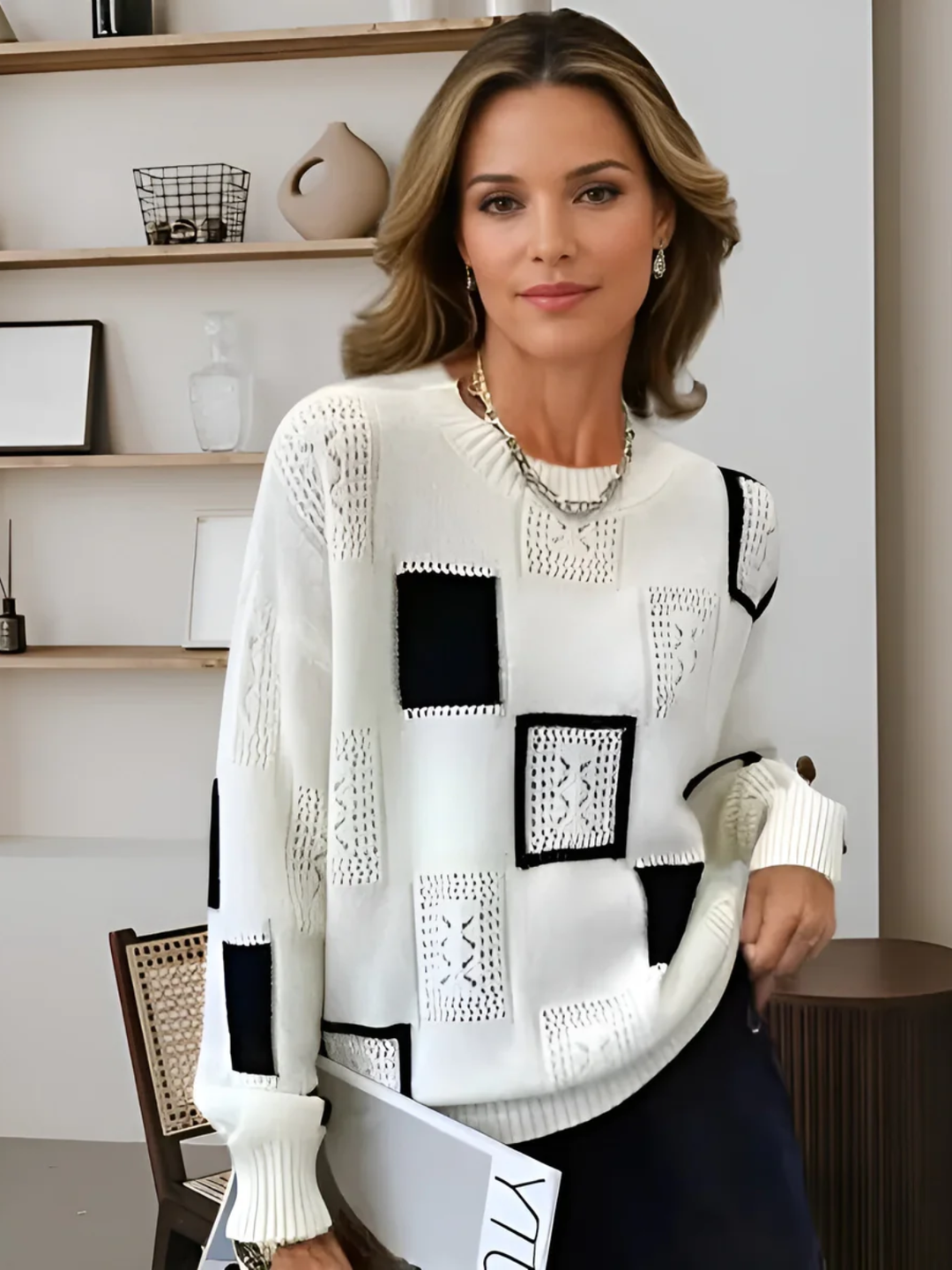 Womens Knit Sweater Geometric Print Crew Neck Long Sleeve - BritishMode