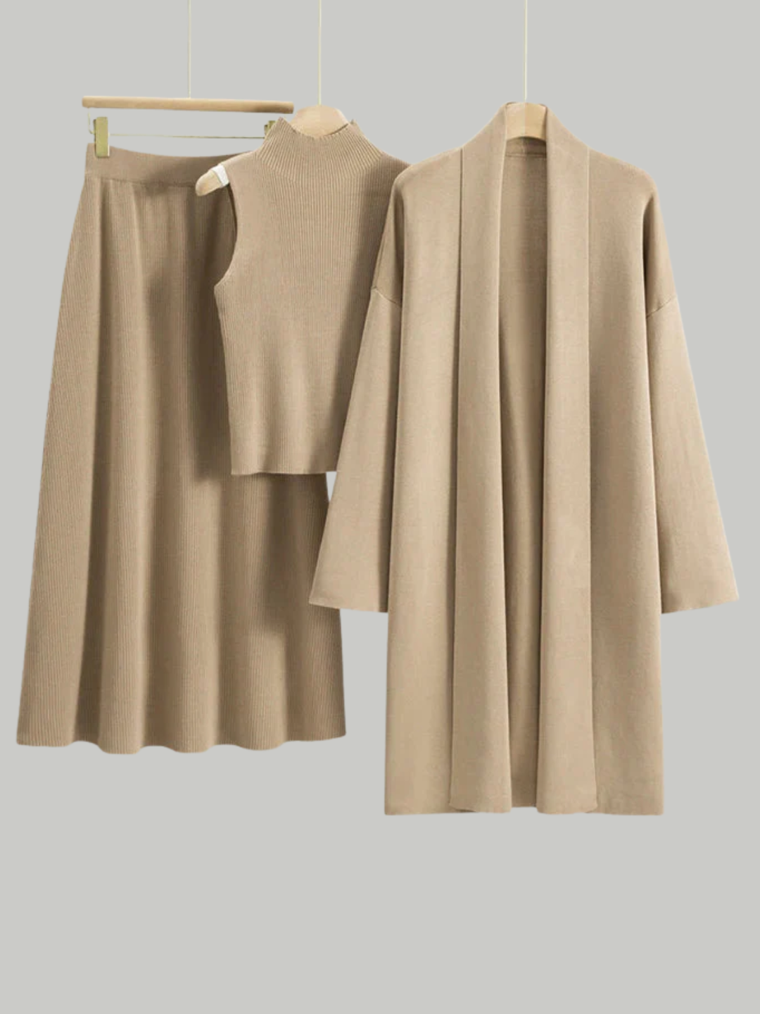 Womens Knit Co-Ord Set Sleeveless Top A-Line Skirt Long Cardigan - BritishMode
