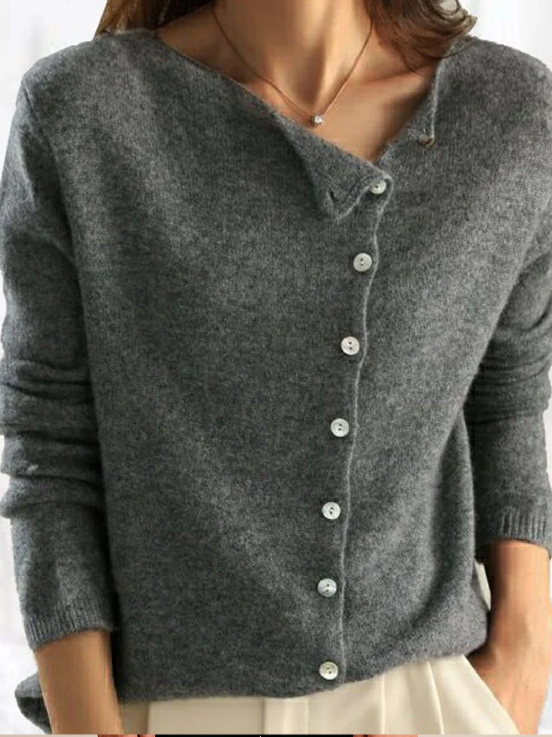 Womens Asymmetrical Button Sweater Soft Knit Relaxed Fit - BritishMode