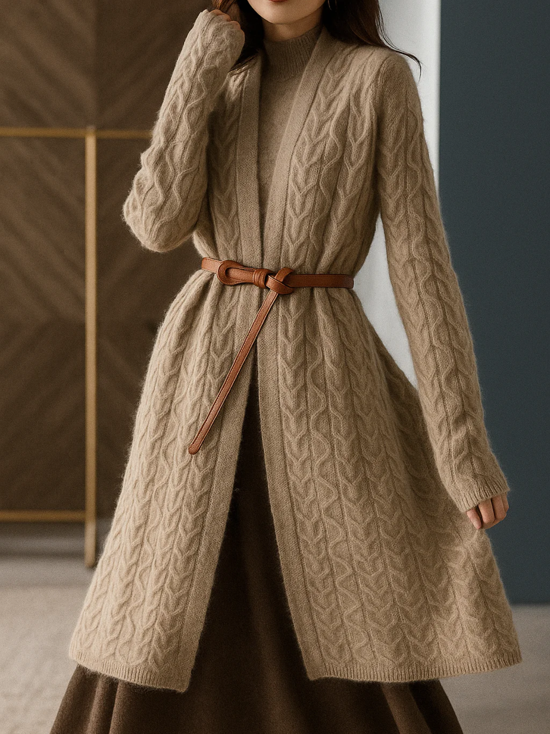 Womens Long Cable Knit Cardigan Merino Blend Cozy Fit - BritishMode