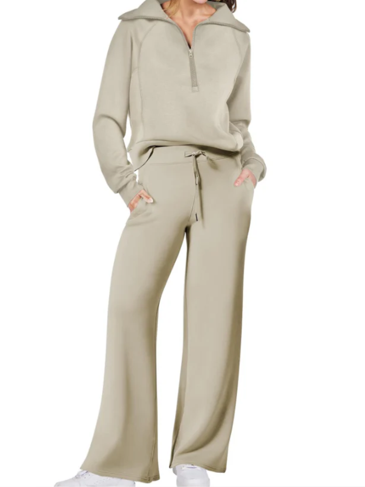 Womens Wide-Leg Tracksuit Set Soft Fabric Half-Zip Top - BritishMode