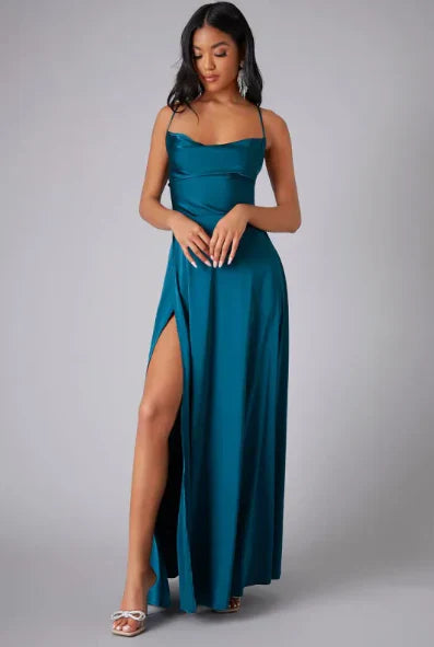 Womens Lace-Up Cowl Neck Maxi Dress Occasion Back Detail - BritishMode