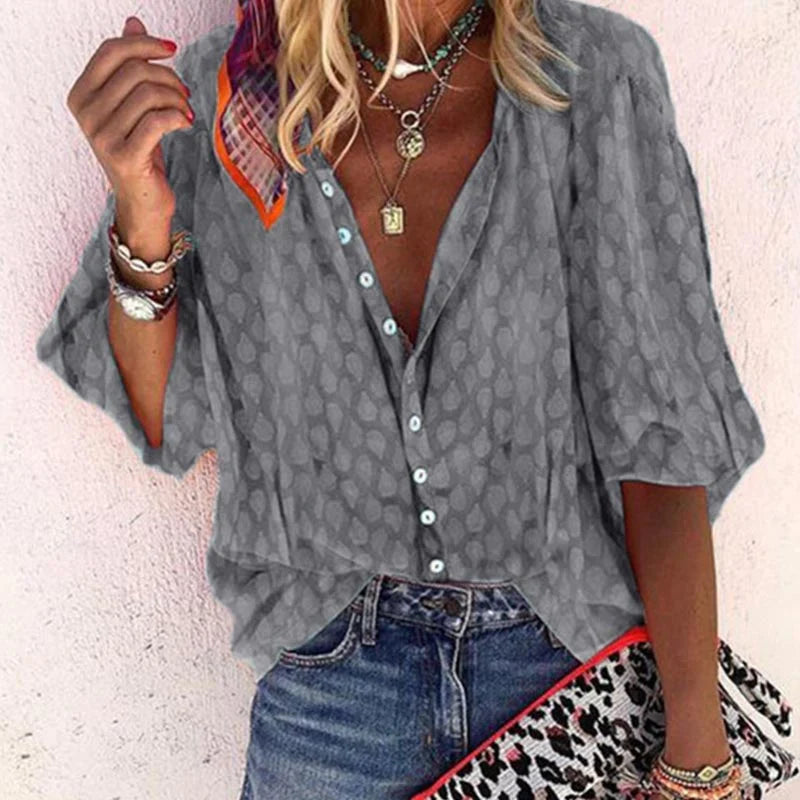 Womens Textured Button-Front Blouse Batwing Sleeve