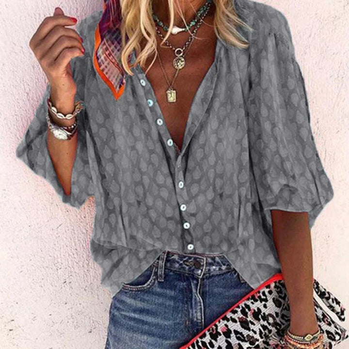 Womens Textured Button-Front Blouse Batwing Sleeve